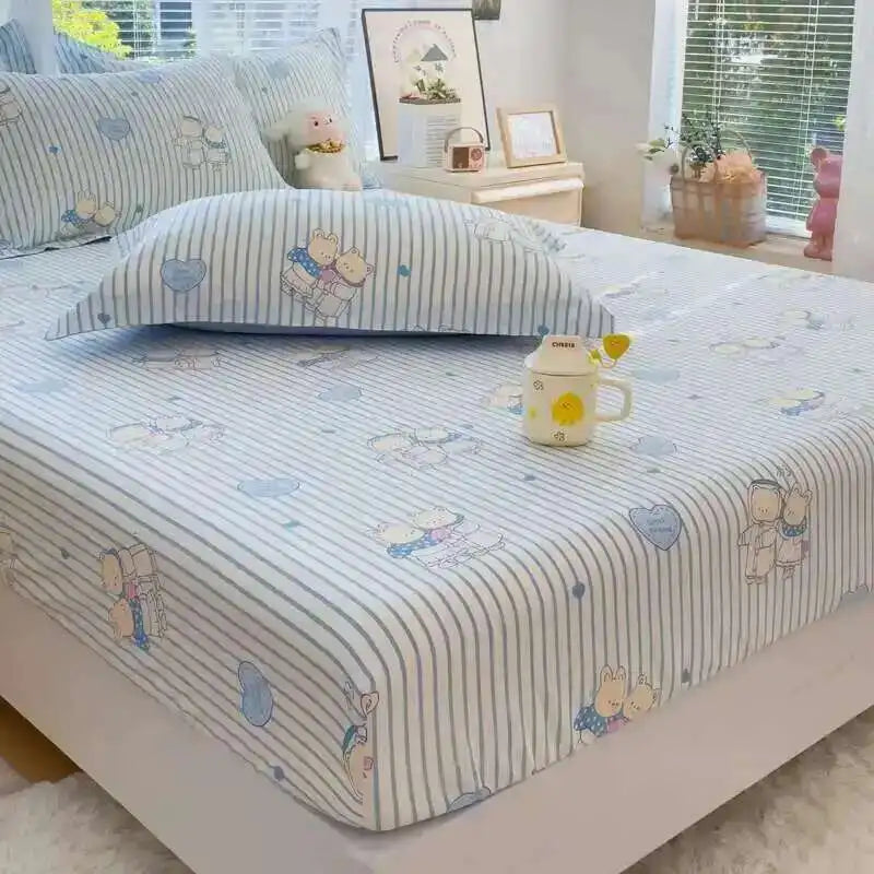 100% Cotton Kids Fitted Sheet - Pink Cartoon Print Single Size, Soft Bed Sheet Mattress Cover (No Pillowcase)