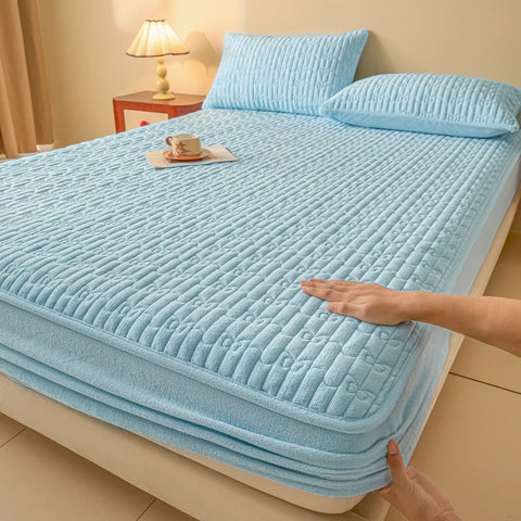 WASART Quilted coral fleece mattress protector cover winter warm elastic fitted sheet couple double bed protection pad 180x200
