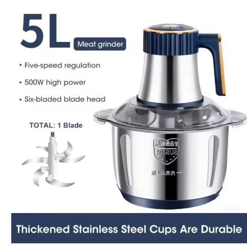 5L Electric Meat Grinder Chopper Stainless Steel Meat Vegetables Blender, 500W Household Stuffing Food Processor Mincer 5 Modes