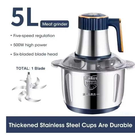 5L Electric Meat Grinder Chopper Stainless Steel Meat Vegetables Blender, 500W Household Stuffing Food Processor Mincer 5 Modes