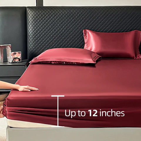 New Imitation Silk Satin Bed Sheet Set with Elastic Band Soft Silky Queen Fitted Sheet Mattress Cover King Size Bedsheet Sets