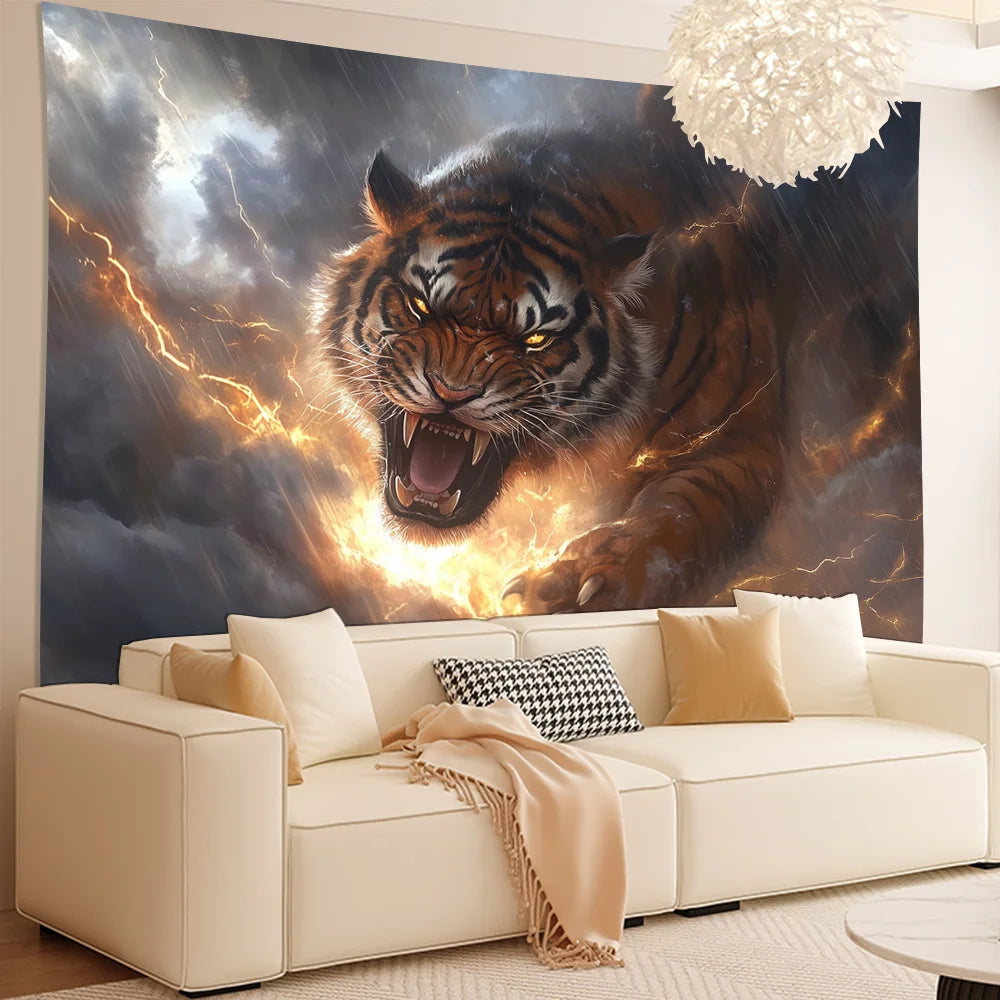 3D Tiger with Stormy Clouds and Lightning Background Cloth, Polyester, Wall Tapestry for Living Room, Bedroom, Office, Party Dec