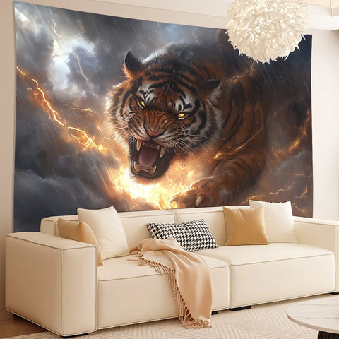 3D Tiger with Stormy Clouds and Lightning Background Cloth, Polyester, Wall Tapestry for Living Room, Bedroom, Office, Party Dec