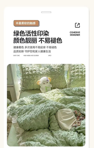 Korean Princess  Bedding Set Duvet Cover Ins Style Wash Cotton Solid Color Summer Soft Bed Sheet Set Comforter Set Quilt Cover
