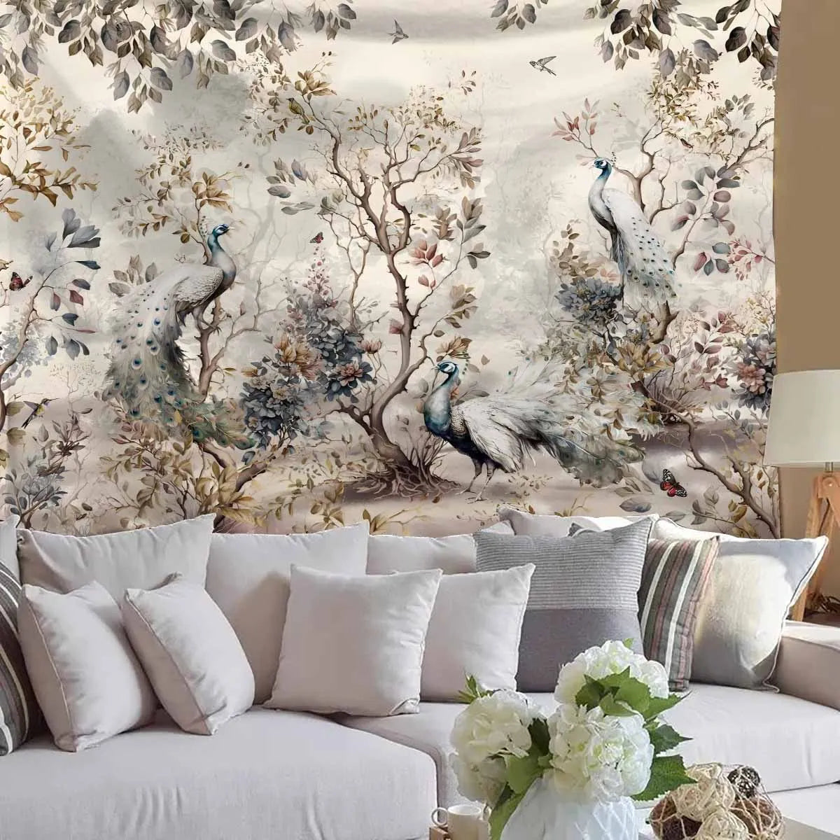 1 Peacock Floral Decorative Tapestry - Elegant wall hanging with bright floral and peacock pattern, polyester fabric