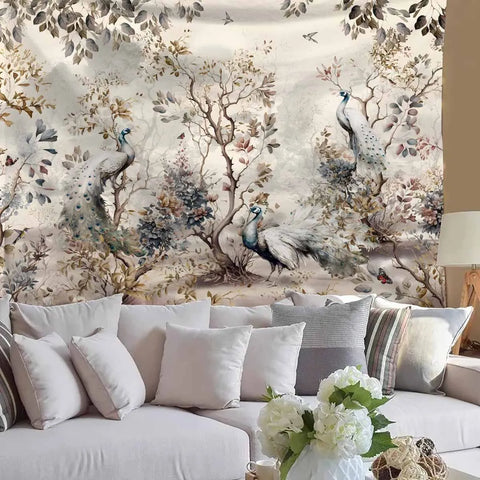 1 Peacock Floral Decorative Tapestry - Elegant wall hanging with bright floral and peacock pattern, polyester fabric