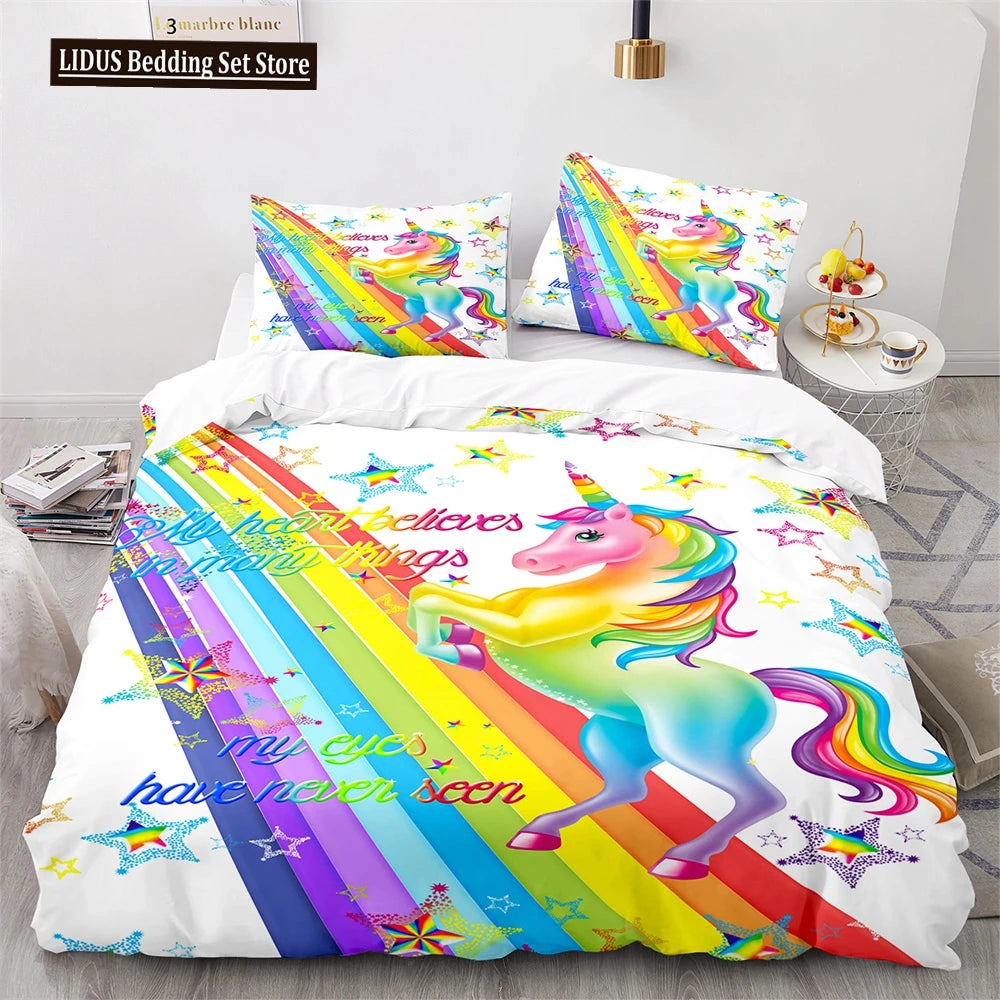 Unicorn Rainbow Duvet Cover Set King Twin Full Size Kids Boy Girl Bedding Set Colourful Cartoon Child Polyester Comforter Cover