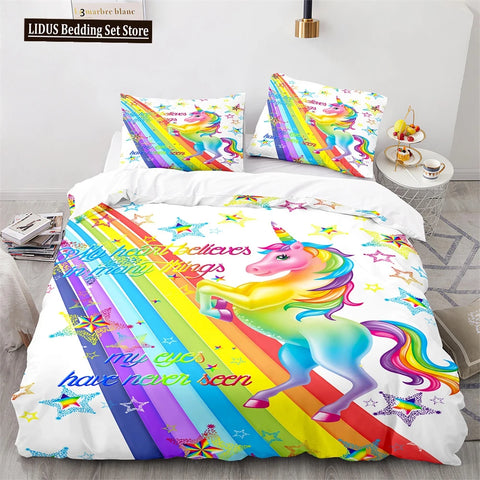 Unicorn Rainbow Duvet Cover Set King Twin Full Size Kids Boy Girl Bedding Set Colourful Cartoon Child Polyester Comforter Cover