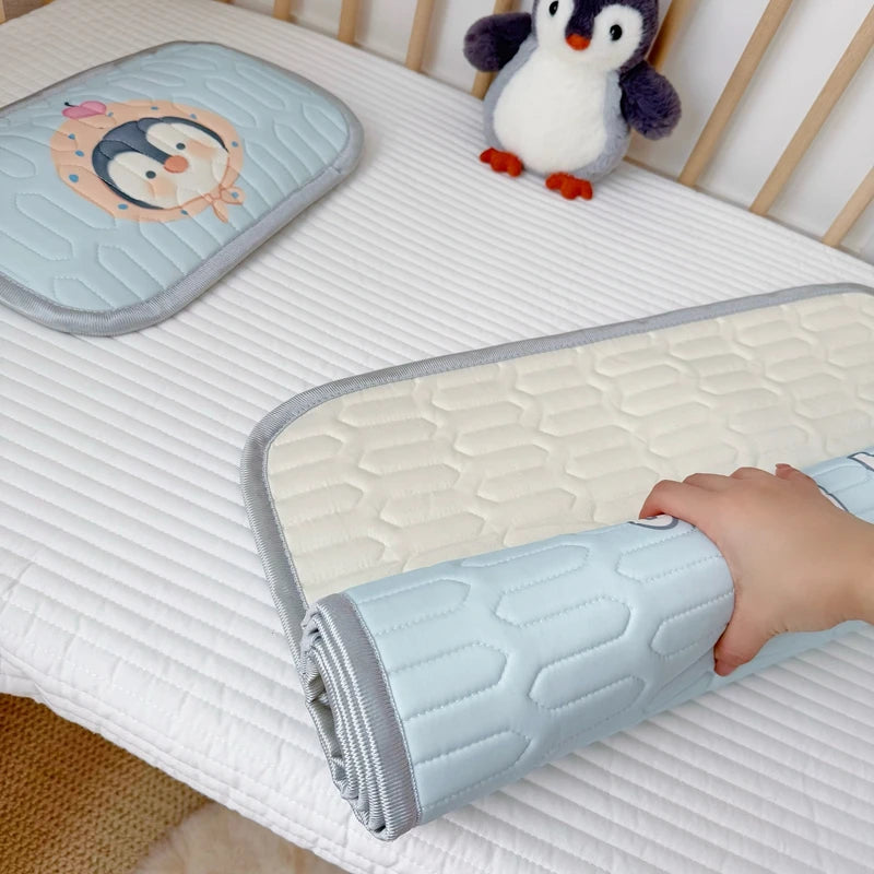 2pcs Summer Cooling Viscose Fiber Latex Mat Set for Kids,Cute Penguin Bed Sheet Pad,Foldable Baby Girl Boy Home Textile,60x120
