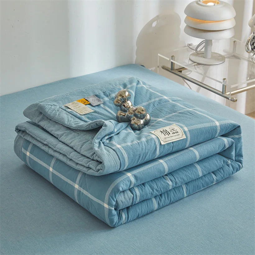 Ins Style Summer Quilt with 100% Cotton Filling Lightweight Skin-friendly Pure Cotton Quilt Plaid Style Thin Comforter Bed Duvet