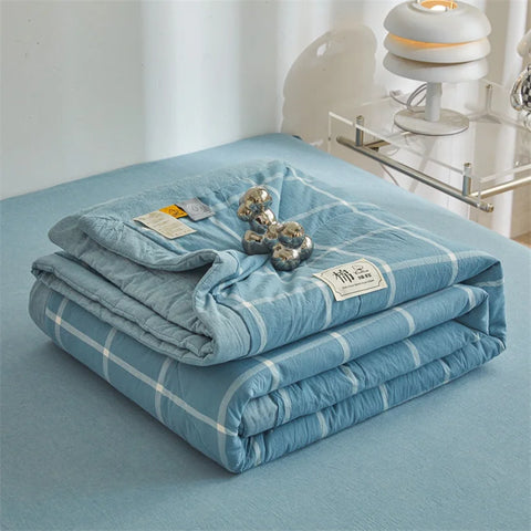 Ins Style Summer Quilt with 100% Cotton Filling Lightweight Skin-friendly Pure Cotton Quilt Plaid Style Thin Comforter Bed Duvet