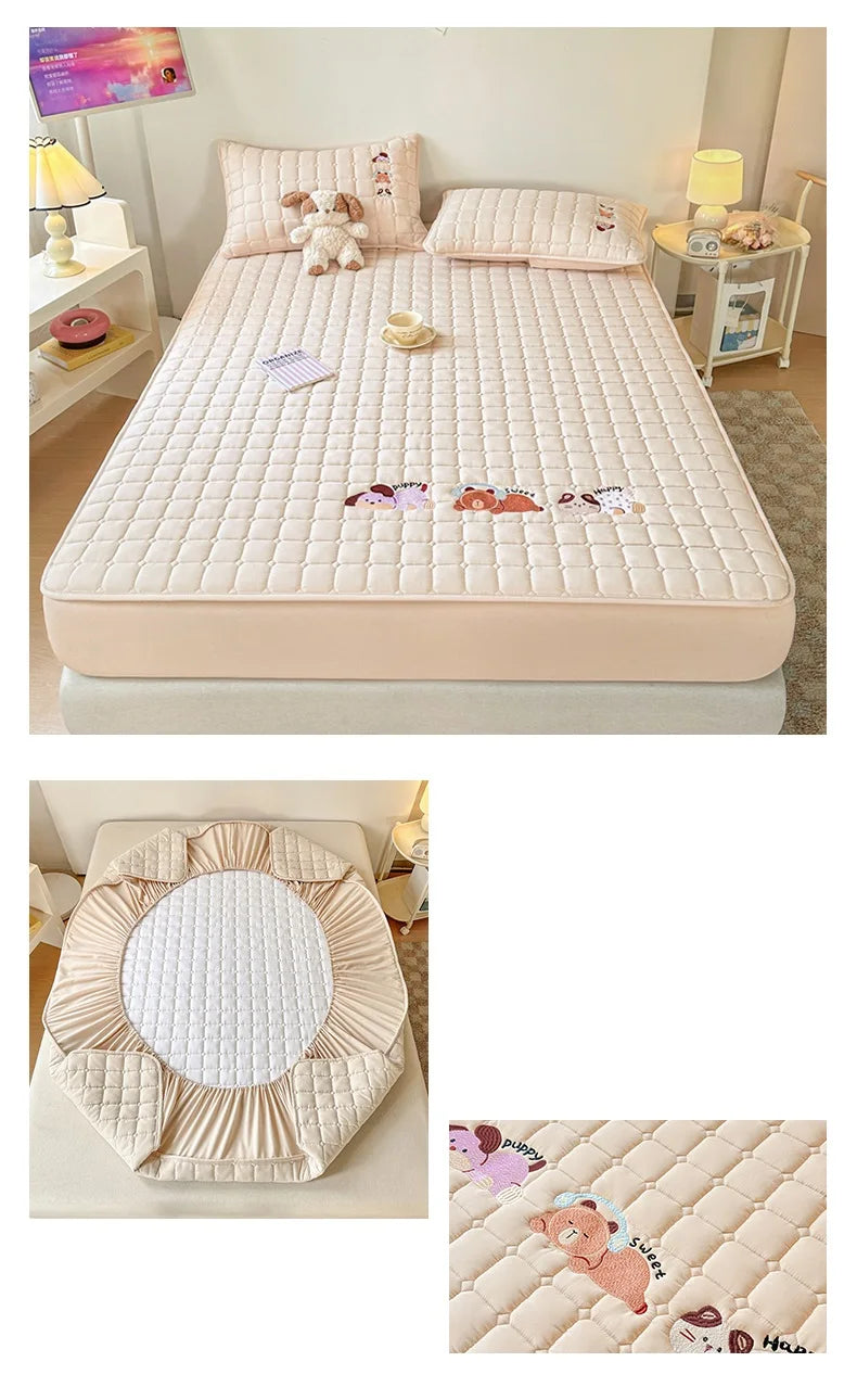 Cartoon Embroidered Bed Cover Quilted Mattress Protector Non-slip Bedspread Thicken Bed Linen 매트리스 커버	 (No Pillowcase)