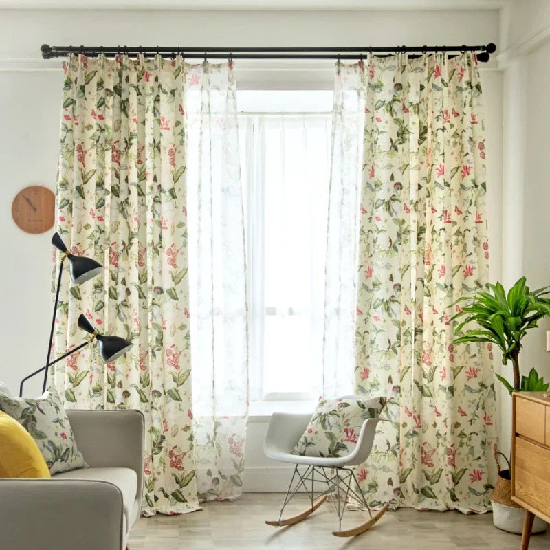 American Pastoral Floral Blackout Curtains For Living Room Bedroom Printed Blossom Window Linen Curtains Home Decor Tulle Drapes
