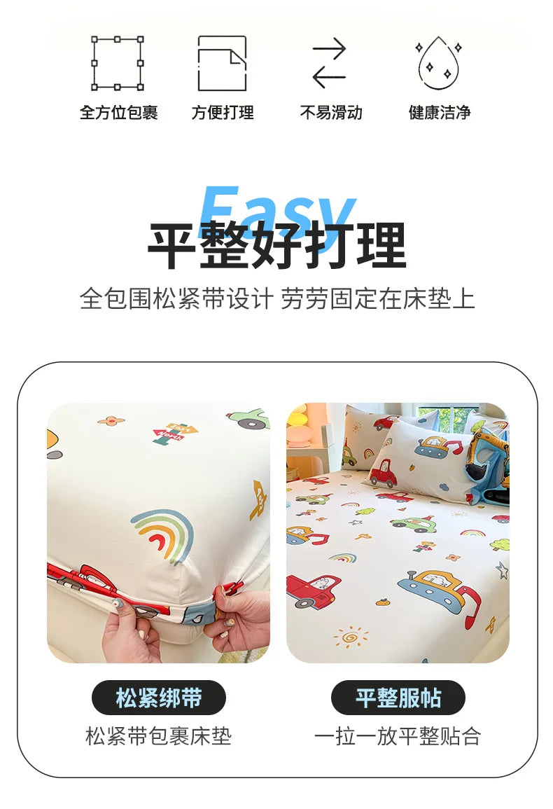 1pc 100%Cotton Bed Sheet for Kids Cartoon Style Car Printed Fitted Sheet with Elastic Band for Boys Pure Cotton Single Bed Cover