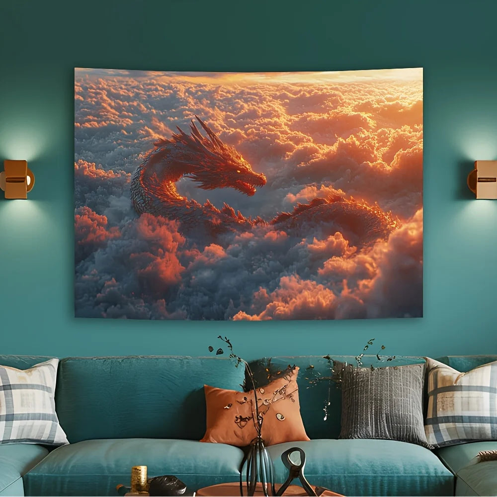 Majestic Dragon in the Clouds Tapestry - Perfect for Adding Fantasy and Dramatic Style to Any Room Decor, Ideal for Home Use