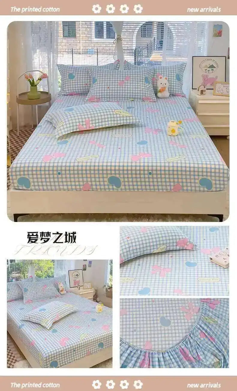 100% Cotton Kids Fitted Sheet - Pink Cartoon Print Single Size, Soft Bed Sheet Mattress Cover (No Pillowcase)