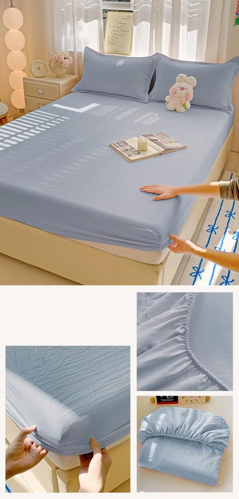New Ultra-Thin Grid Pattern Fitted Sheet Set Washed Cotton Skin-Friendly Mattress Dust Cover Soft Breathable Household Mat
