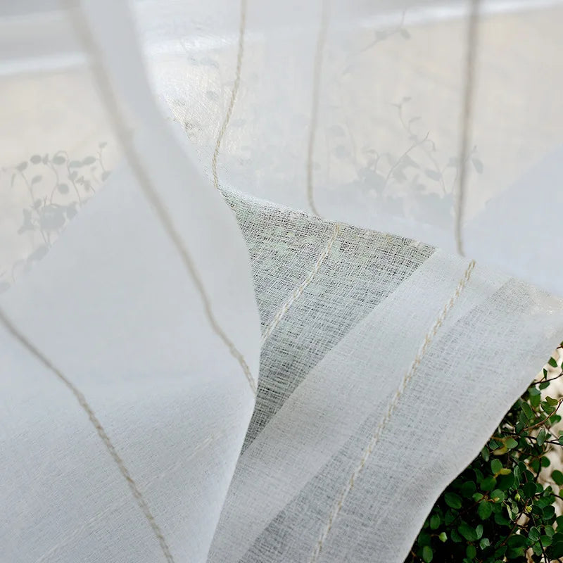 Nordic white Japanese linen cotton curtain tulle for bedroom living room striped gauze finished floating curtain balcony window