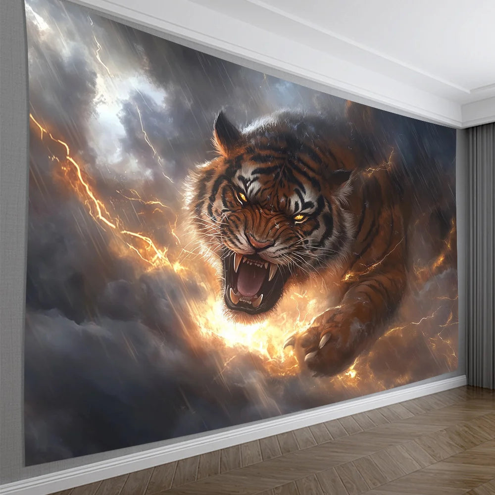 3D Tiger with Stormy Clouds and Lightning Background Cloth, Polyester, Wall Tapestry for Living Room, Bedroom, Office, Party Dec