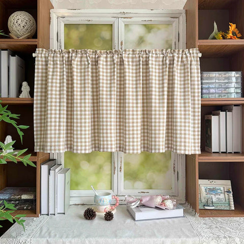 Korean Style Classic Plaid Pattern Cafe Curtain  Light Brown Semi Blackout Small Curtain Rod Pocket For Living Room Kitchen Door