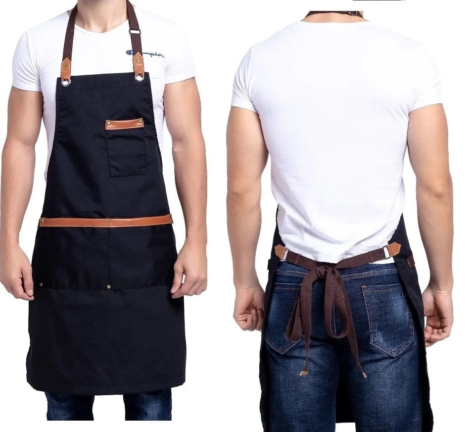 Fashion Unisex Work Apron For Men Canvas Black Apron Bib Adjustable Cooking Kitchen Aprons For Woman With Tool Pockets