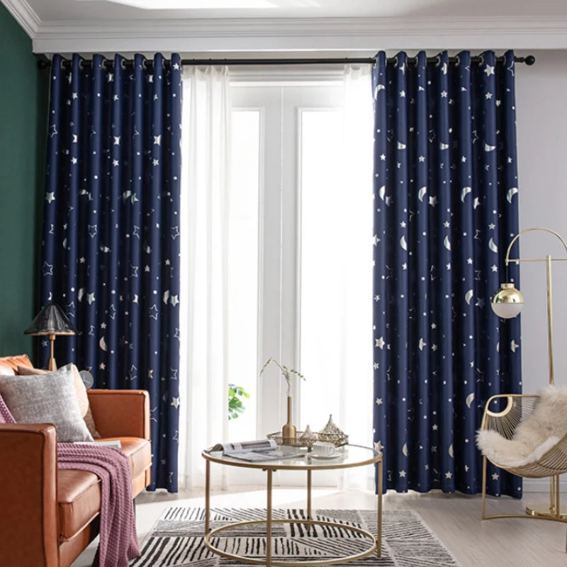 Blackout Curtains For Kids Boys With Stars And Moon Bedroom  Livingroom Window Drapes Navy Blue Gray Pink