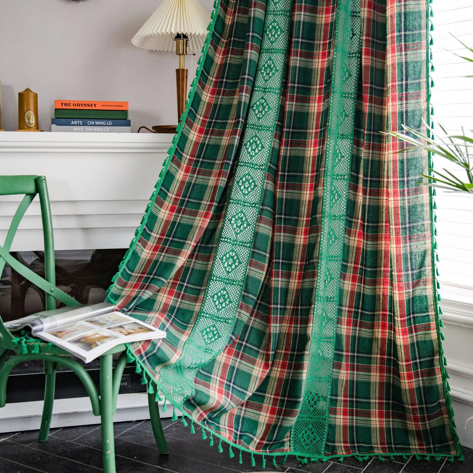 Curtain Green Grid Splicing Color Woven American Finished Kitchen Curtains Bay Window Curtains Semi Blackout Curtains