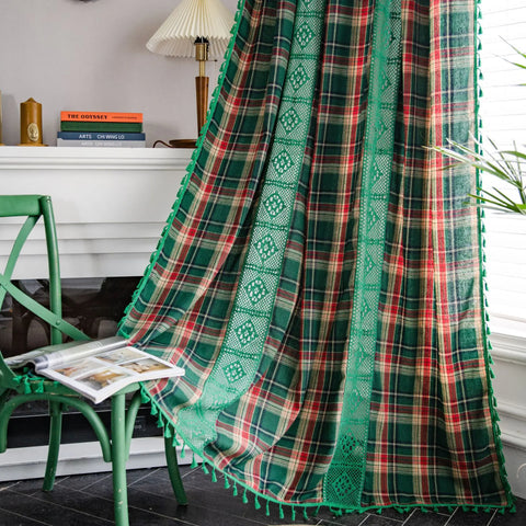 Curtain Green Grid Splicing Color Woven American Finished Kitchen Curtains Bay Window Curtains Semi Blackout Curtains