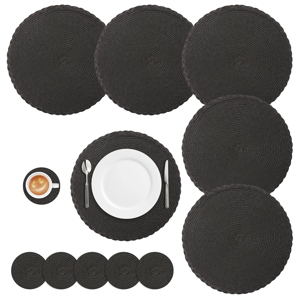 Round Braided Set of 6 Washable Round Placemats for Christmas Kitchen Wedding Dining Table 34cm Woven Heat Resistant Place Mats