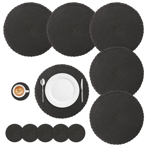 Round Braided Set of 6 Washable Round Placemats for Christmas Kitchen Wedding Dining Table 34cm Woven Heat Resistant Place Mats