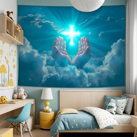 Glowing Cross Background Praying Cloth Home Decorative Artwork for Living Room Bedroom Office Party Decoration Wall Tapestry