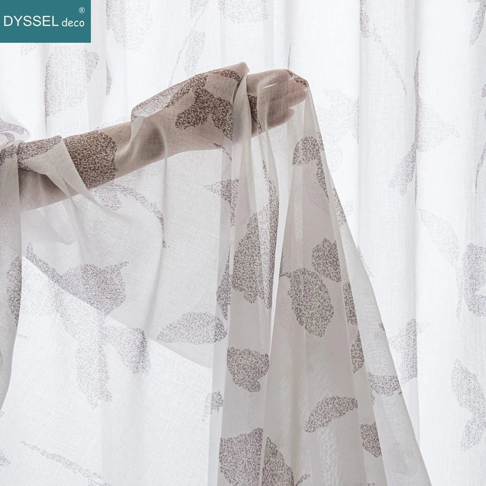 Natural Printed Sheer Curtains Linen Textured for Living Room Maple Leaf Design Farmhouse Style Window Panel Drapes Grommet Top