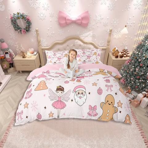 Homewish Girly Christmas Nutcracker Duvet Cover Set for Kids,Princess Cute Bowknot Bedding Set,Pink Abstract Stripes Bed Set