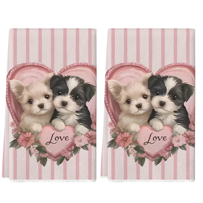 2Pcs, Valentine's Day Pink Striped Couple Dog Heart-Shaped "Love" Kitchen Towels, 40Cm*60Cm Towel Set, Super Absorbent Soft Cleaning Cloth, Cooking Baking Tea Towel, Hand Towel, Cleaning Cloth, Dishcloth, Kitchen Decoration,