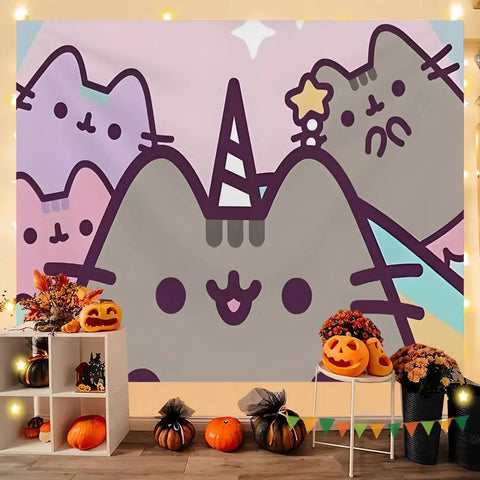 Cartoon P-PusheensS Cute Cat Tapestry Hanging Dormitory Room Bedspread Blanket Children's Room Party Home Decoration Gift
