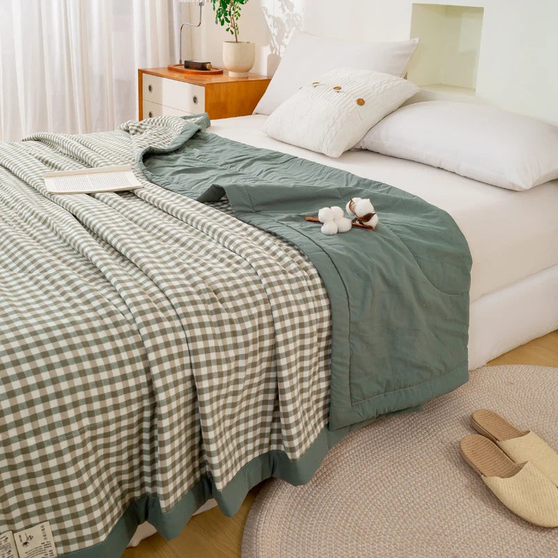 Japanese-style Plaid Summer Blanket 100% Cotton Skin Friendly Quilted Queen Quilt 220*240 Breathable King Size Duvet Comforter