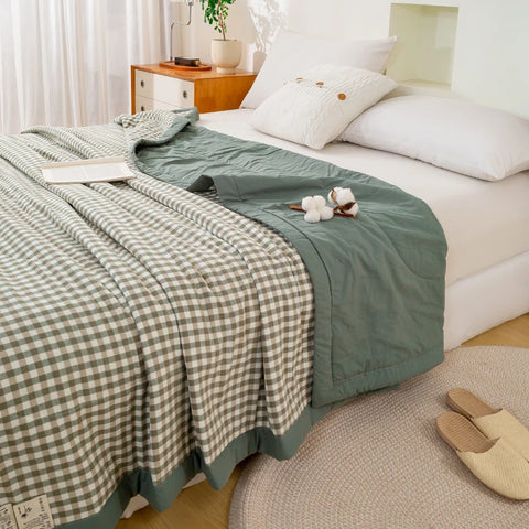 Japanese-style Plaid Summer Blanket 100% Cotton Skin Friendly Quilted Queen Quilt 220*240 Breathable King Size Duvet Comforter