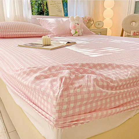 New Ultra-Thin Grid Pattern Fitted Sheet Set Washed Cotton Skin-Friendly Mattress Dust Cover Soft Breathable Household Mat