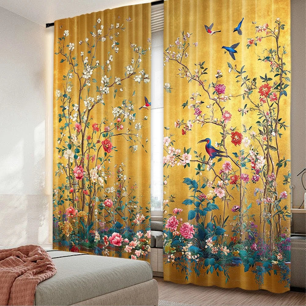 2pcs 2D flat printing Merry Christmas Trendy Curtains Golden Blooms scopic and stylish 100% polyester fiber Festive Curtains for