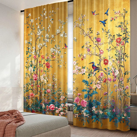 2pcs 2D flat printing Merry Christmas Trendy Curtains Golden Blooms scopic and stylish 100% polyester fiber Festive Curtains for