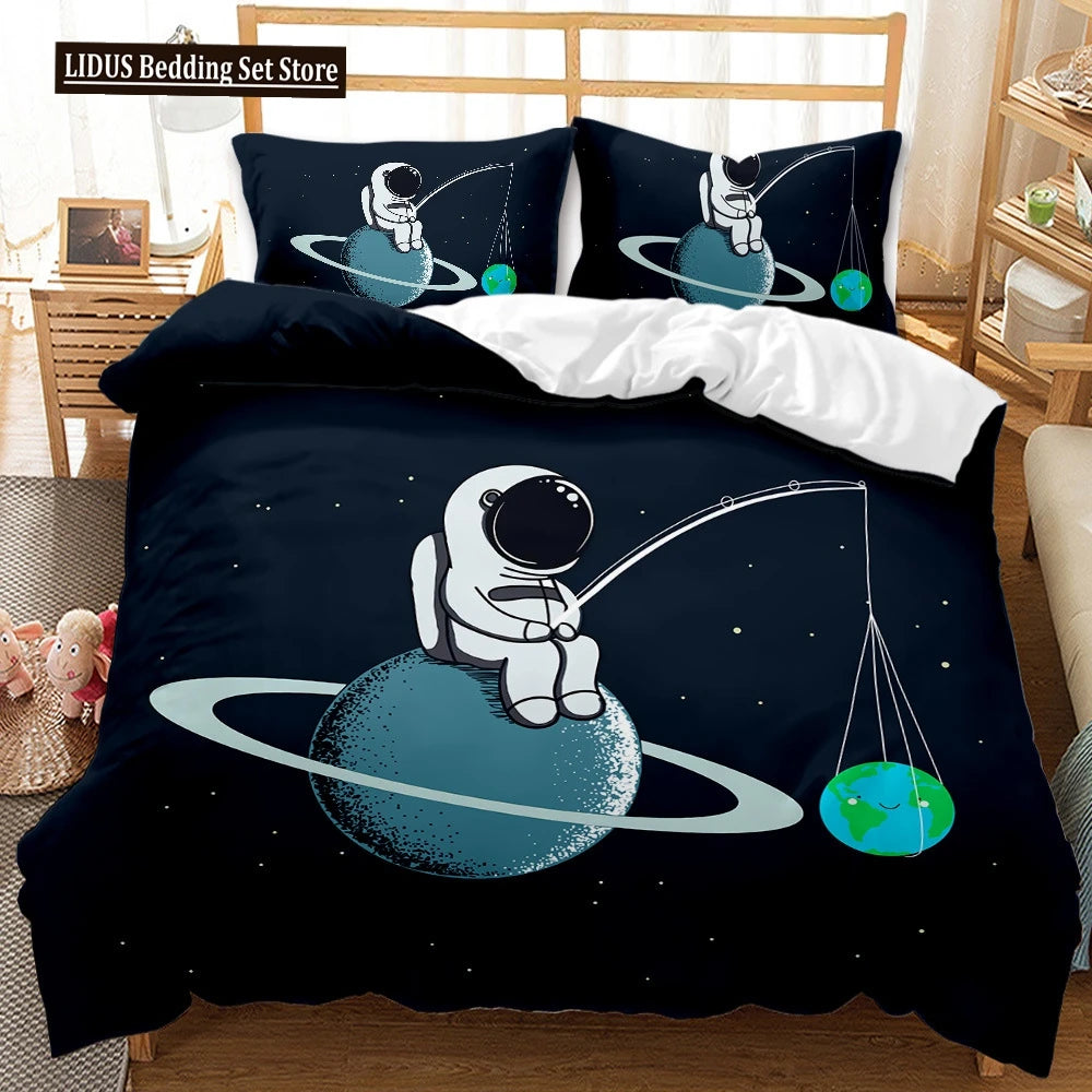 Astronaut Duvet Cover Set Space Bedding Set 3D For Kid Boy Girl Teen Sky Galaxy Themed Polyester Comforter Cover Queen King Size