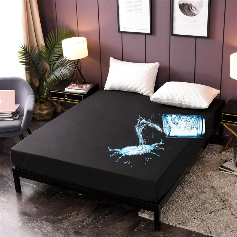 Waterproof Mattress Protector Cover Queen Size 14 inches Deep Pocket Polyester Bed Cover Solid Color Fitted Sheet (Black, Queen)