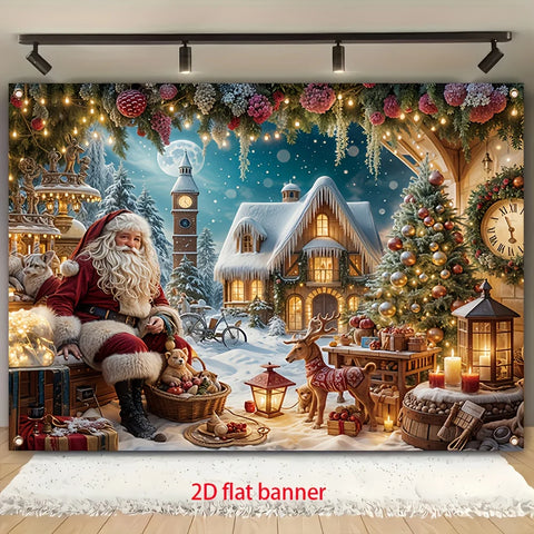 tapestry Festive Christmas - Durable Polyester, Santa Claus & Gingerbread House Scene with Snowy Village
