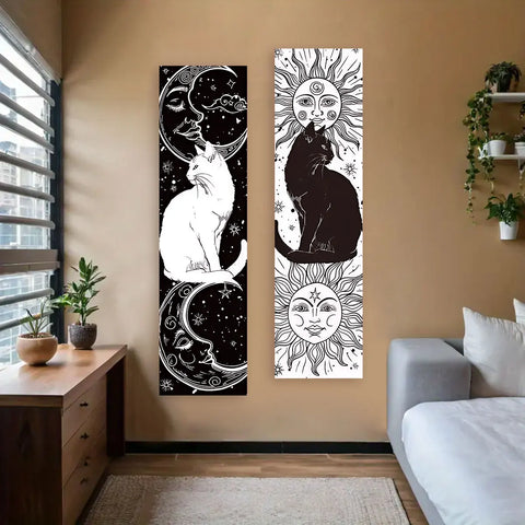 Whimsy Cat Black and White Cat Vertical Tapestry Sun and Moon Long Wall Hanging Starry Sky Aesthetic Art Tapestry Wall Decor