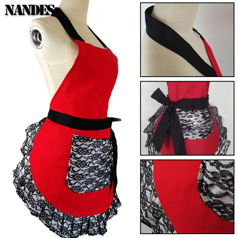 Black Red Lace Apron With Pocket Retro Sexy Pinup Aprons For Kitchen Cosplay Costume Cooking Oilproof Aprons for Women Girls