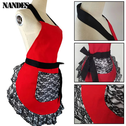 Black Red Lace Apron With Pocket Retro Sexy Pinup Aprons For Kitchen Cosplay Costume Cooking Oilproof Aprons for Women Girls