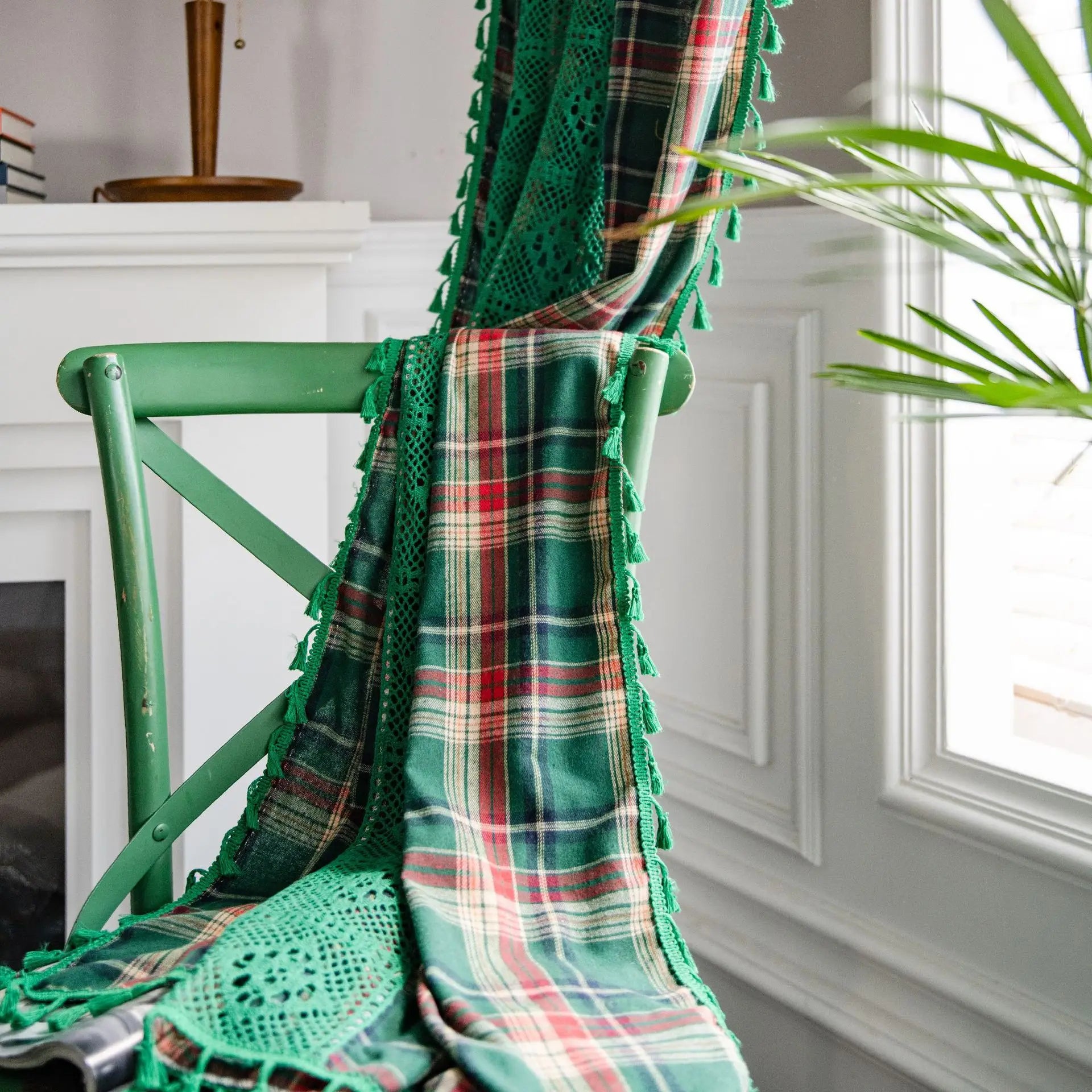 Curtain Green Grid Splicing Color Woven American Finished Kitchen Curtains Bay Window Curtains Semi Blackout Curtains