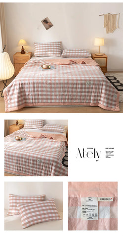Ins Style Summer Quilt with 100% Cotton Filling Lightweight Skin-friendly Pure Cotton Quilt Plaid Style Thin Comforter Bed Duvet