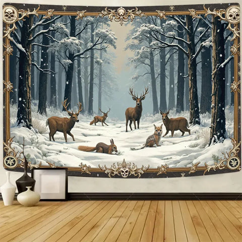 Enchanted Winter Forest Tapestry with Deer and Fox in Snow, Magical Animal Scene Wall Hanging for Bedroom or Living Room Decor