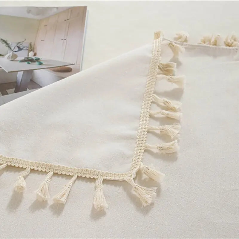 White Cotton Rectangle Tablecloth Fabric Tassel Farmhouse Washable Table Cover for Kitchen Living Room Dinning Picnic Decoration
